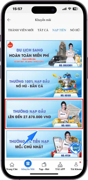 Bước 2 : Chọn khuyến mãi Thưởng Nạp Đầu - ND01